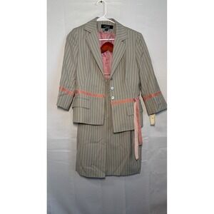 Kasper Skirt Suit 4 Gray Pink Pinstripe Ribbon Trim Blazer and Skirt Set
